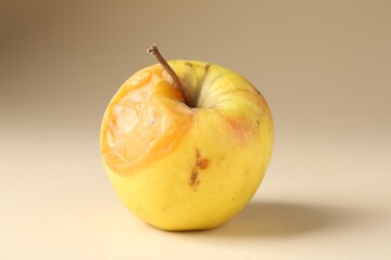One rotten apple on beige background, closeup