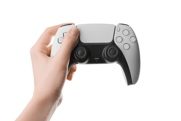Woman with wireless game controller on white background, closeup © New Africa