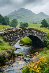 Fototapeta premium The streams and distant mountains dotted with moss on the stone bridge