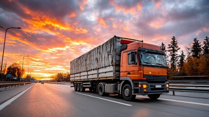 Orange semi-truck on highway at sunset