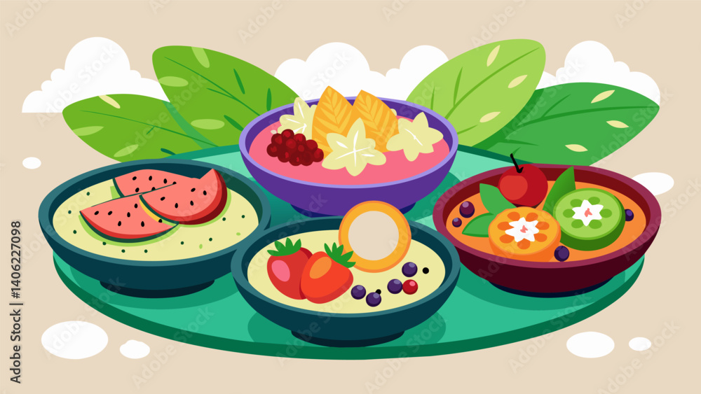 Poster a colorful array of smoothie bowls arranged on a vintage tray garnished with fresh fruits and nuts c