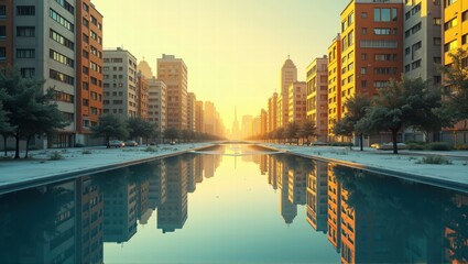 Fototapeta premium A peaceful urban street lined with modern buildings and trees, reflecting in a calm waterway, with warm sunlight creating a serene and harmonious cityscape. Generative, AI,