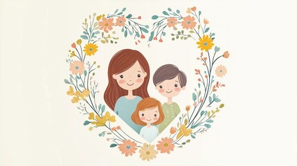 Fototapeta premium Cute cartoon mother with two children inside floral heart wreath, pastel family illustration on light background
