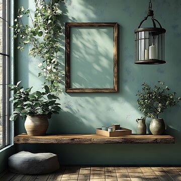 Serene Interior Decor with Natural Light, Plants, Wooden Shelf, Picture Frame, and Lantern for Relaxing Ambiance.