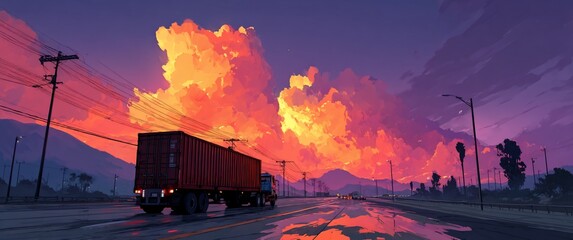 Semi-truck drives on highway at sunset, vibrant cloudscape