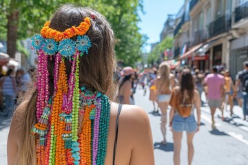 Fototapeta premium Colorful hair accessory, back view. People blurred on city street. Summer day
