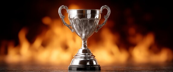 Silver trophy against fiery backdrop. Success, victory