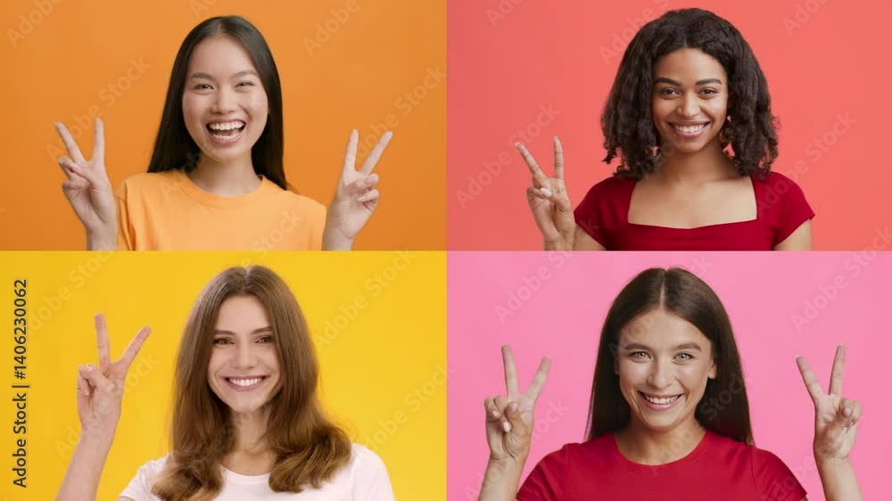 Poster Four cheerful individuals with diverse backgrounds express happiness through V gestures. Bright colors enhance the upbeat atmosphere, capturing a moment of joy and success.