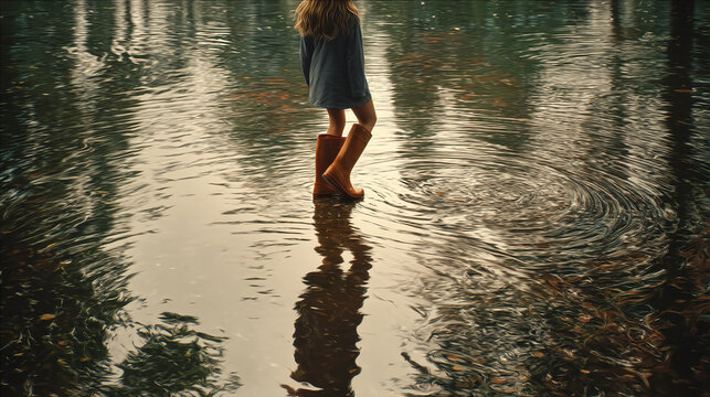 Teenage girl standing in puddle with rubber boots reflection - Powered by Adobe