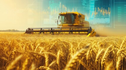 Obraz premium A golden wheat field with a vibrant yellow combine harvester moving through it, overlaid with a detailed financial chart showing stock market trends