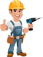 Smiling construction worker holding drill and showing thumbs up