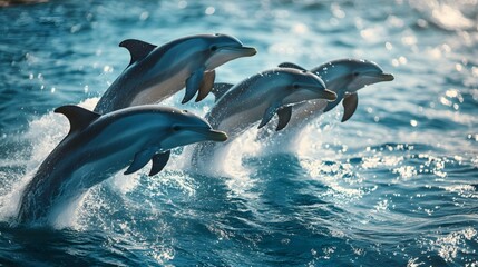 Fototapeta premium Silver dolphins jumping in the azure ocean