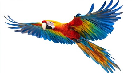 Fototapeta premium Vibrant Macaw in Flight Against White Background