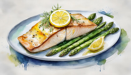 A flaky piece of baked salmon rests on a bed of green asparagus spears on a white plate, drizzled with oil and herbs