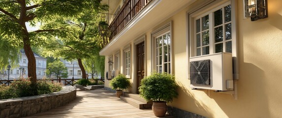 Sunny courtyard with building, plants, and AC unit