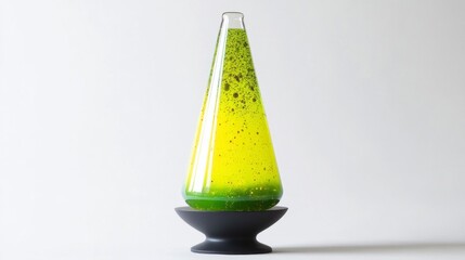 Lime Green And Yellow Glass Cone Sculpture On Black Base