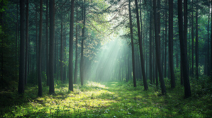 Obraz premium Sunlit Path Through a Mystical Forest Nature Photography