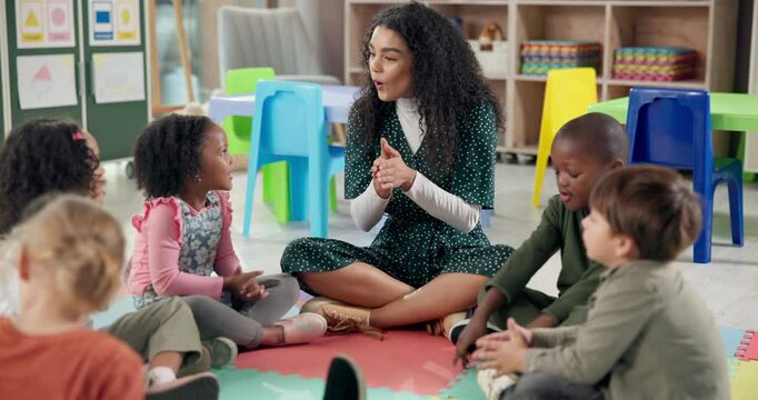 Woman, teacher and learning with kids in nursery for fun activity, education or social interaction at kindergarten. Female person, educator or instructor with children in sing along, class or school