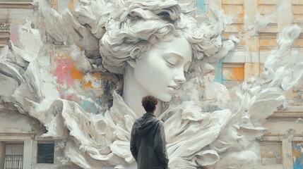 Person gazing at enormous sculpture art attached to old building