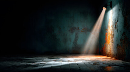 A dramatic spotlight shines on a textured, weathered wall, creating a moody, empty space.
