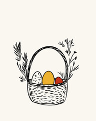 Line art stroke illustration of Easter egg basket with plants. Concept of Easter, spring, Christianity, salvation, resurrection, hand drawing