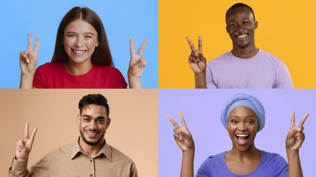 A vibrant collection of diverse individuals expressing joy with cheerful V gestures against colorful backgrounds. Each person radiates happiness and positivity, showcasing a sense of victory.