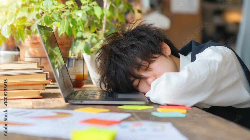 Aufkleber student studying at home falls asleep while working on computer generative ai