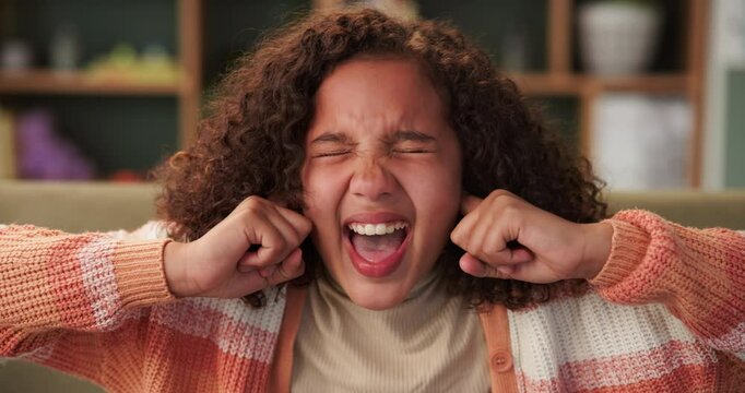 Home, girl and screaming with kid, loud and angry with stress, frustrated and yelling in lounge. Apartment, shouting and child covering ear, sound and extreme audio with adhd and autism with emotions