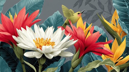 Vibrant tropical flowers and hummingbird