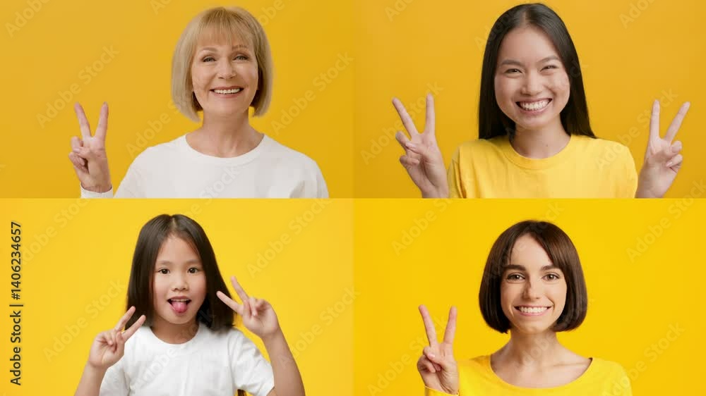 Poster A collection of joyful individuals from different backgrounds displaying V signs for victory.