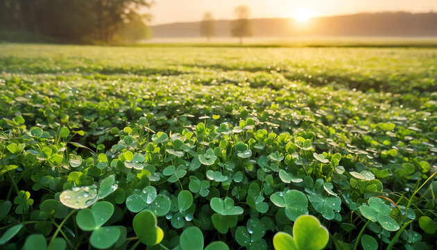 A field of lush clover leaves glistening with morning dew under the soft glow of the rising sun.