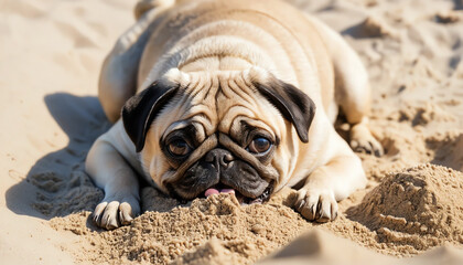 A playful pug enjoying a sunny day on the beach, digging in the sand with its adorable face.