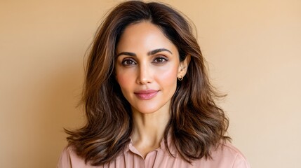 Naklejka premium Woman with long brown hair, neutral makeup, and a calm expression