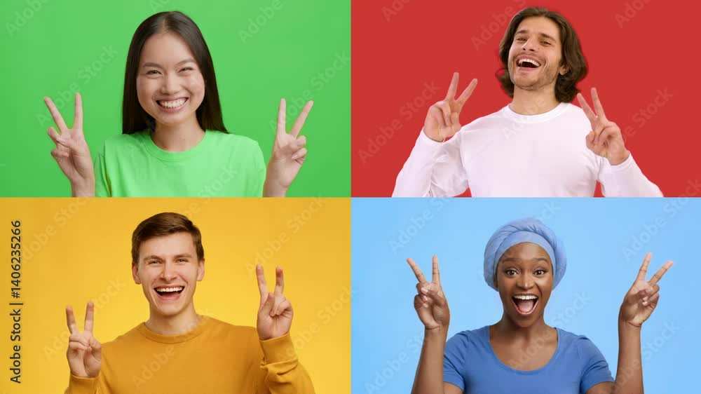 Poster Four individuals from various backgrounds express joy and positivity by making V gestures against colorful backgrounds. Their happiness reflects a sense of achievement and unity.
