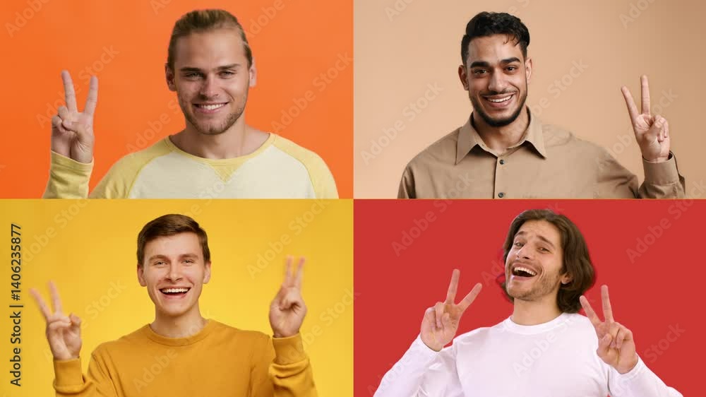 Poster a diverse group of cheerful individuals is displaying v gestures, symbolizing victory and success. e