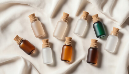Assorted glass bottles with cork lids arranged aesthetically on a soft fabric background, ideal for showcasing beverages or liquids.