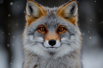 Obraz premium A striking, symmetrical close-up of a fox's face, against a snowy, blurred background. Winter