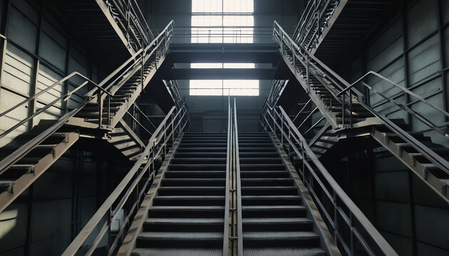 An industrial staircase viewed from below, showcasing modern design and metal structures in a spacious environment.