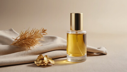 Fototapeta premium Elegant perfume bottle situated on neutral fabric, exuding luxury and sophistication, perfect for highlighting fragrance products.