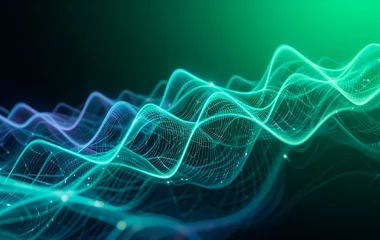 Fototapete Rund Green Curved Background Image, Digital, Space, Light, Line, Wavelength, Banner Texture Advertising Poster © qonya