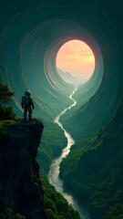 Scenic landscape with a figure gazing into a vibrant portal at sunset