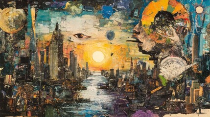 Fototapeta premium Abstract collage painting showcasing a city skyline and human head
