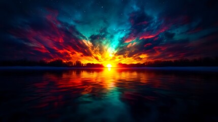Vibrant Sunset over Frozen Lake with Winter Wonderland.