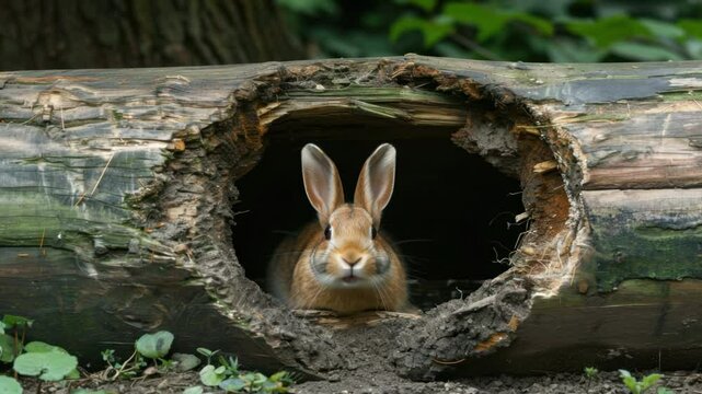 Curious Rabbit Peeks from Hollowed Log in Lush Forest Habitat, Showcasing Wildlife and Natures Beauty in Outdoors with Brown Fur and Serenity.