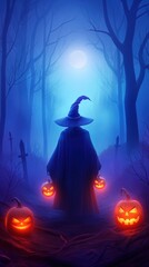 Mysterious Forest Path With Jack-O'-Lanterns and a Shadowy Figure 