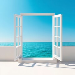 Tranquil Ocean View Through Open White Window Frame in Bright Daylight