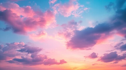 Pink And Blue Sunset Sky With Fluffy Clouds