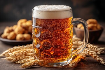 Full glass beer, wheat, and nuts on table. Amber liquid beverage