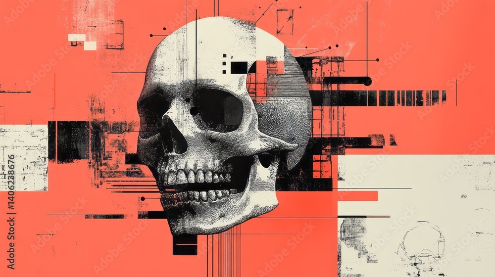 Poster skull emerges from abstract geometric background with digital elements
