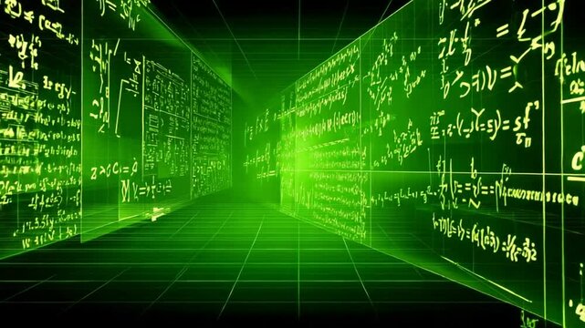 Camera Glides Through Colorful Math Equations in Digital Space Generative AI